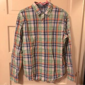 Old Navy green blue orange plaid long sleeve button down shirt